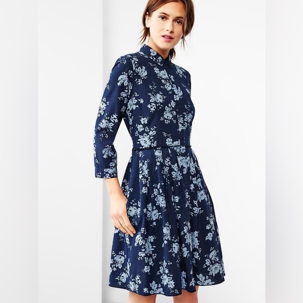 GAP Rose Floral Print Fit & Flare Blue Denim Dress